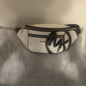 Michael Kors Ivory and Black Logo Graffiti Belt Bag